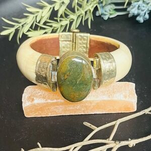 Vintage Bone Brass Bangle Bracelet | Jasper Stone | Boho Statement | Hinged |